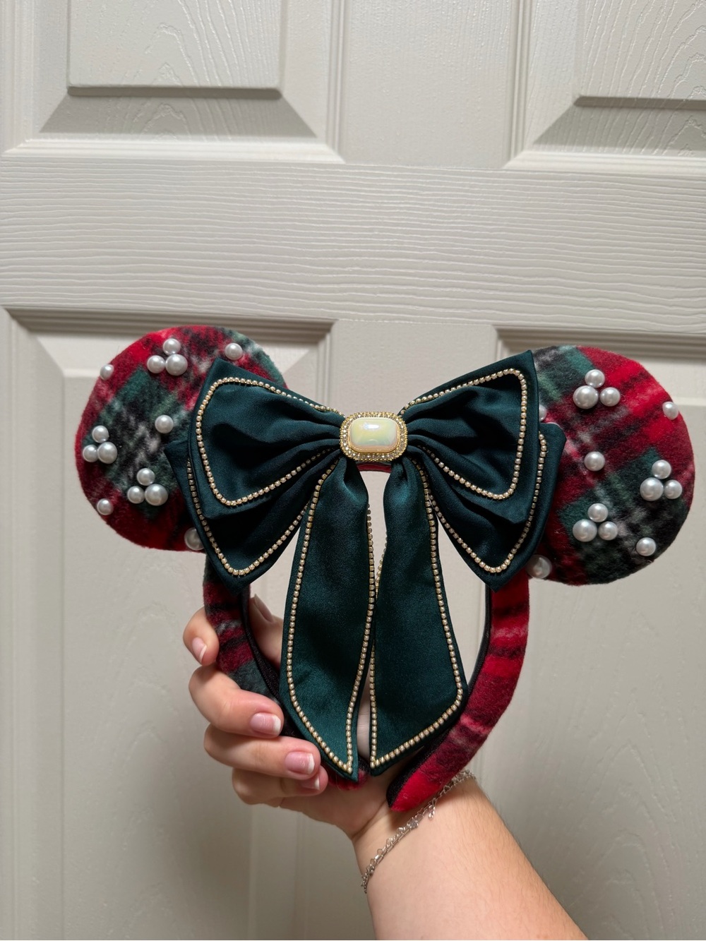 Classy Holiday Plaid Pearl Ear Headband with Dark Green Bow